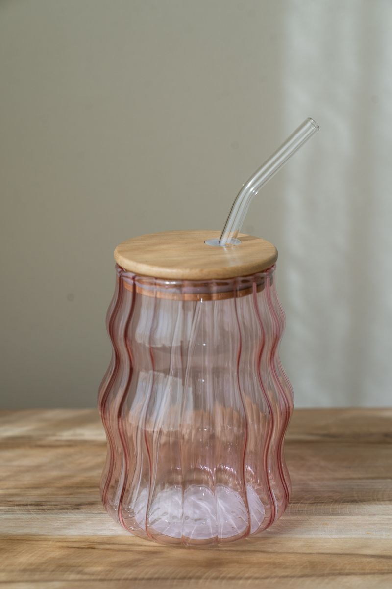Glass med sugerør – 400 ml – Rosa
