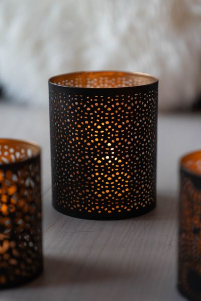 Hovedbilde Lysholder - svart/kobber - 13cm Prikker